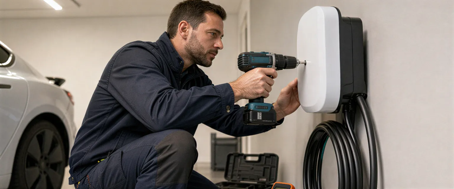 Ein Elektriker installiert eine weiße Ladestation für Elektroautos an einer hellgrauen Garagenwand.