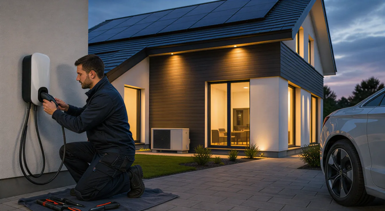 Ein Elektriker schließt eine Ladestation für Elektroautos an einem modernen Haus bei Dämmerung an.
