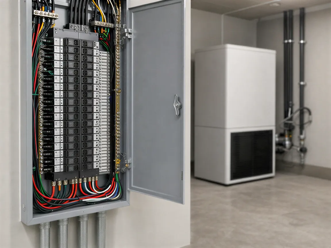 Ein moderner Elektroverteiler mit farbcodierten Kabeln und ein weißer Wärmepumpenabschnitt in einem neutralen Technikraum.