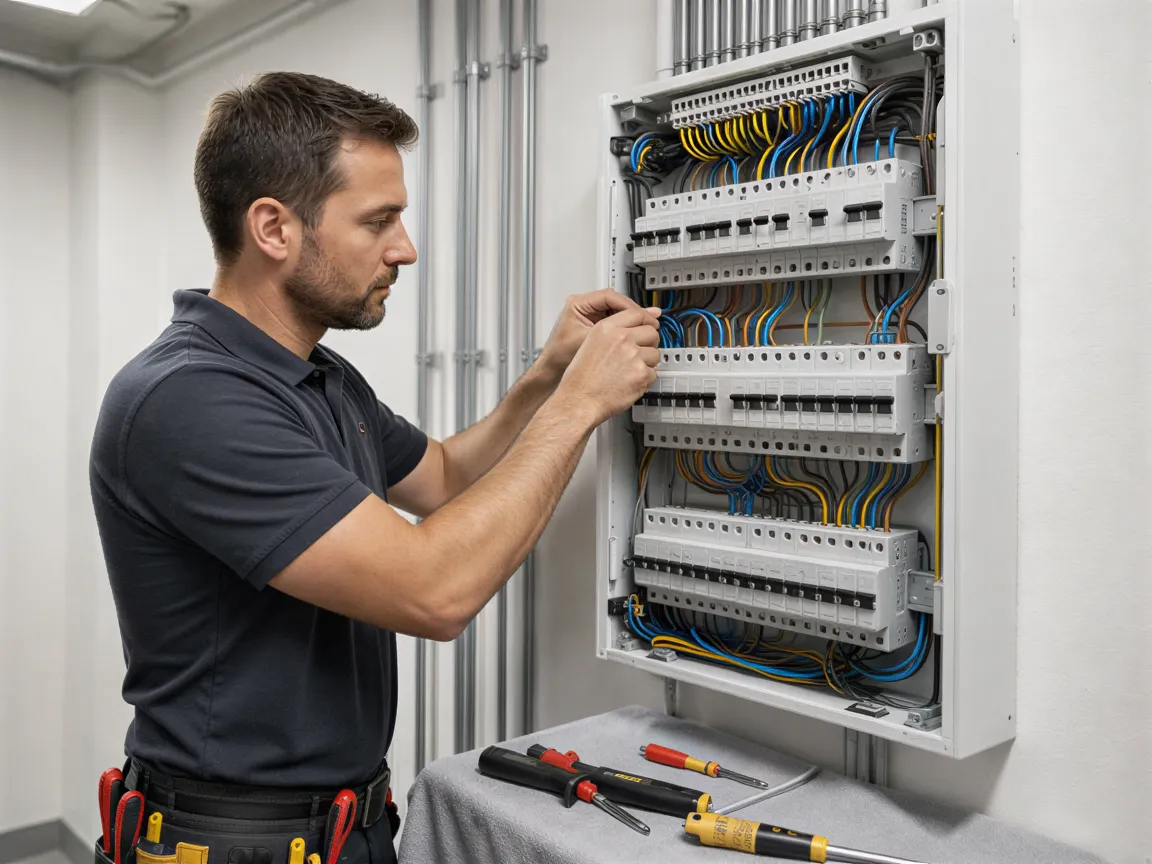 Ein Elektriker in einem modernen Technikraum verbindet sorgfältig Kabel in einem neuen Verteilerkasten.