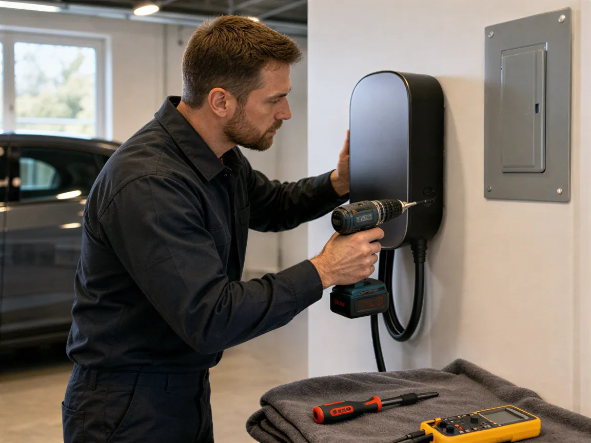 Ein Elektriker installiert eine moderne Wallbox für Elektroautos an der Garagewand.