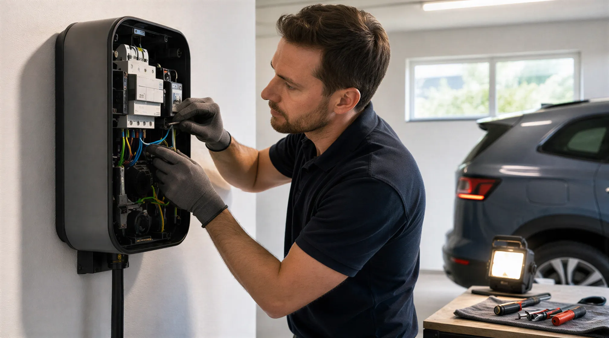 Ein Elektriker installiert sorgfältig eine moderne Wallbox für Elektroautos an einer Garagewand.