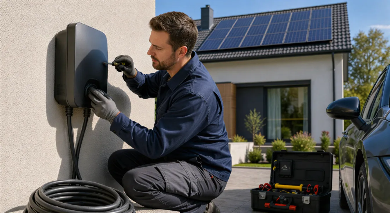 Ein Elektriker installiert eine moderne Wallbox für ein Elektroauto an der Außenwand eines Einfamilienhauses.