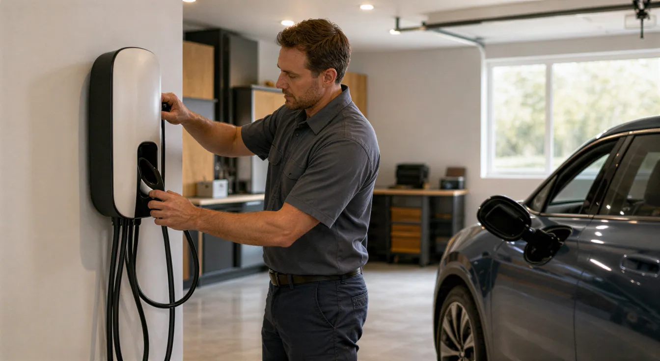 Ein Elektriker installiert eine moderne Wallbox für Elektroautos an einer hellen Garagenwand.