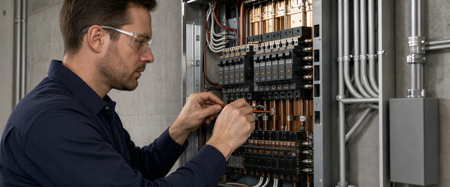 Ein Elektriker verbindet sorgfältig Drähte in einem modernen, grauen Verteilerkasten an einer Betonwand.