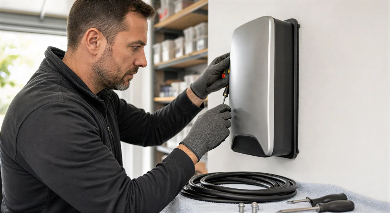 Ein Elektriker installiert eine moderne Wanddose in einer hellen Garage, Werkzeuge liegen ordentlich bereit.