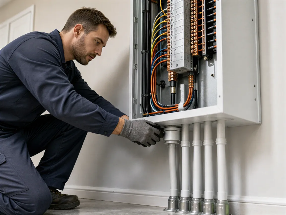 Ein Elektriker installiert einen modernen Wandverteiler mit sauber verlegten Kabeln in einem hellen Technikraum.