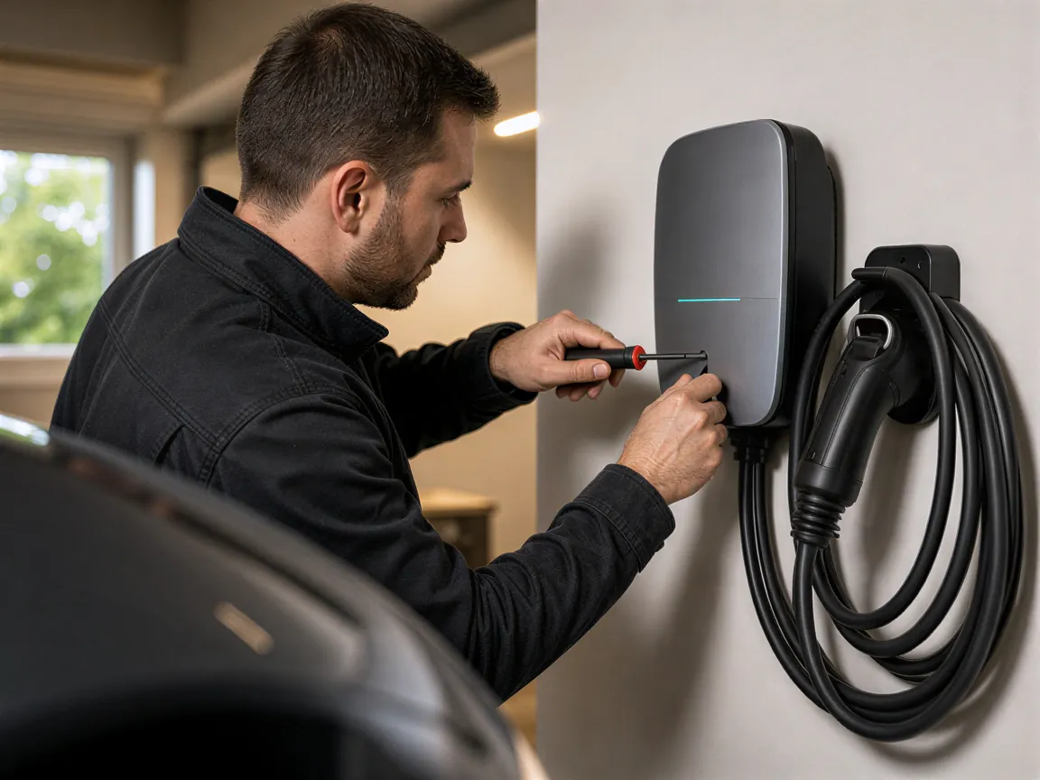 Ein Elektriker montiert eine moderne Wallbox für Elektroautos an einer sauberen Garagenwand.