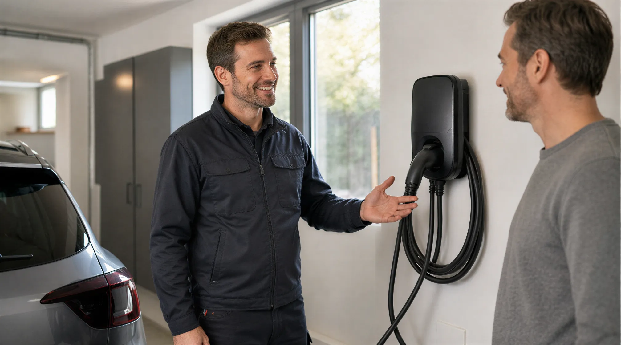 Ein Elektriker erklärt einem Hausbesitzer die neue Ladestation für Elektroautos in einer sauberen Garage.