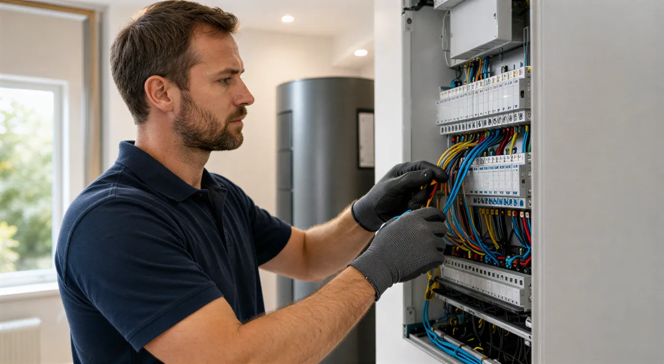 Ein Elektriker verbindet farbige Kabel in einem sauberen, modernen Stromverteilerkasten.