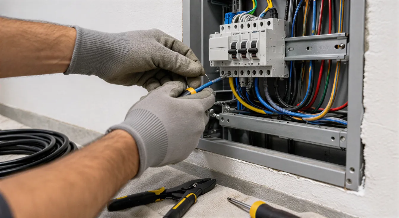 Ein Elektriker verbindet mehrfarbige Drähte in einer modernen grauen Schalttafel an einer trockenbauwand.