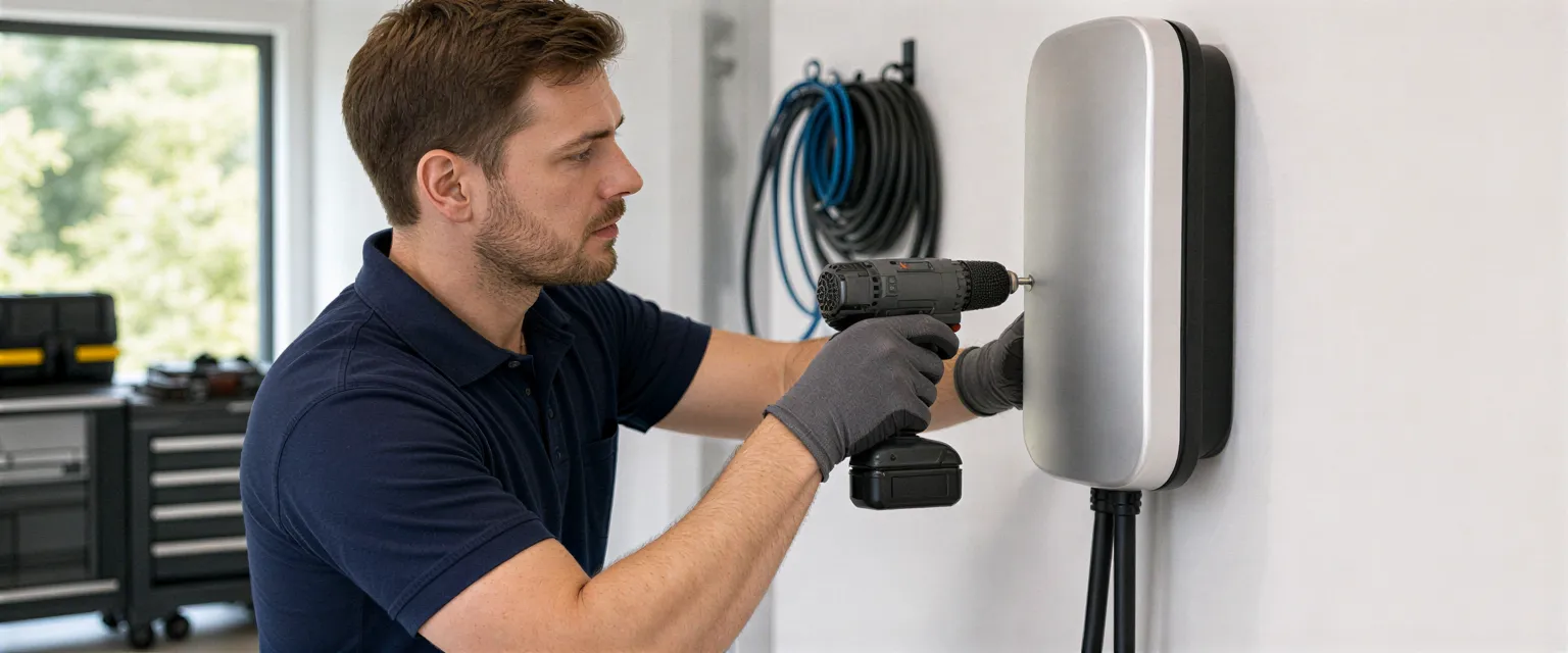 Ein Elektriker installiert eine silberne Ladestation an einer weißen Wand in einem modernen Technikraum.