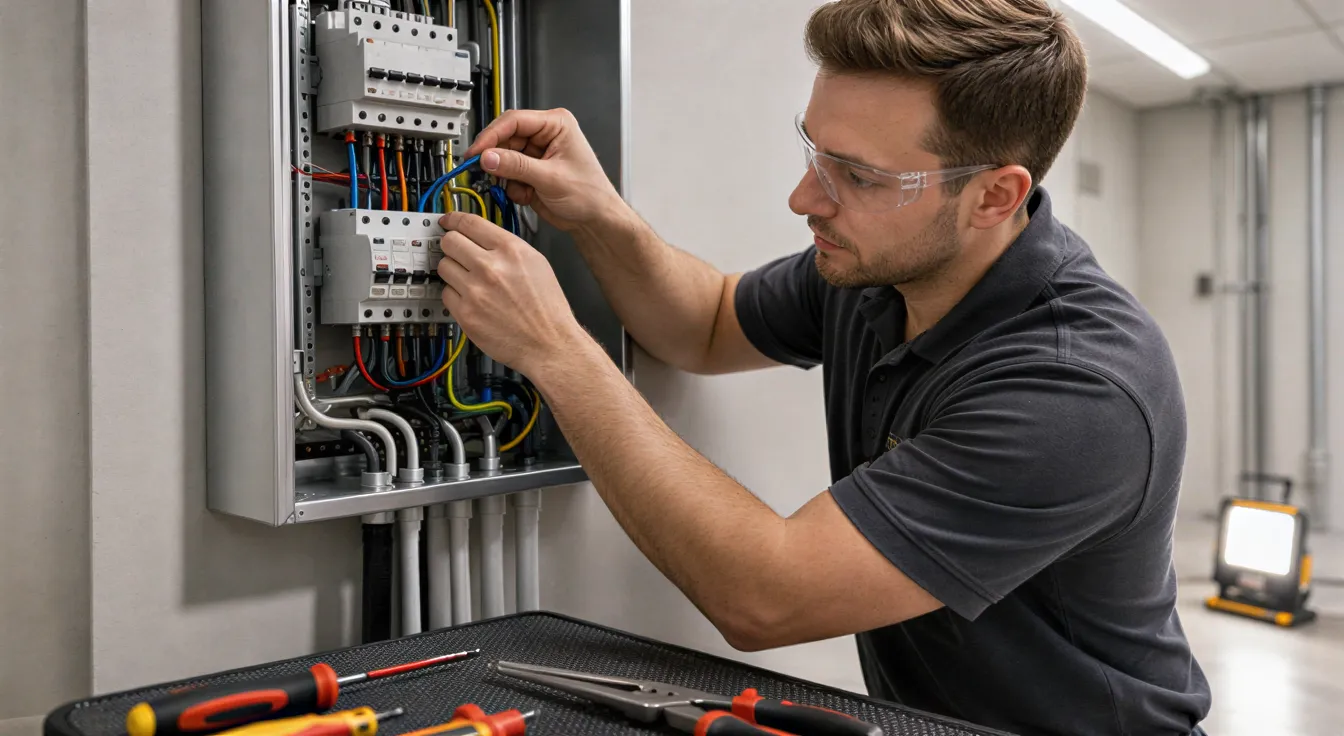 Ein Elektriker verbindet farblich kodierte Drähte in einem modernen Verteilerkasten, umgeben von Werkzeugen.