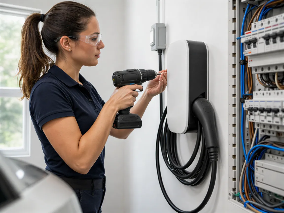 Eine Elektrikerin installiert eine Wallbox-Ladestation an einer weißen Wand in einem modernen Technikraum.