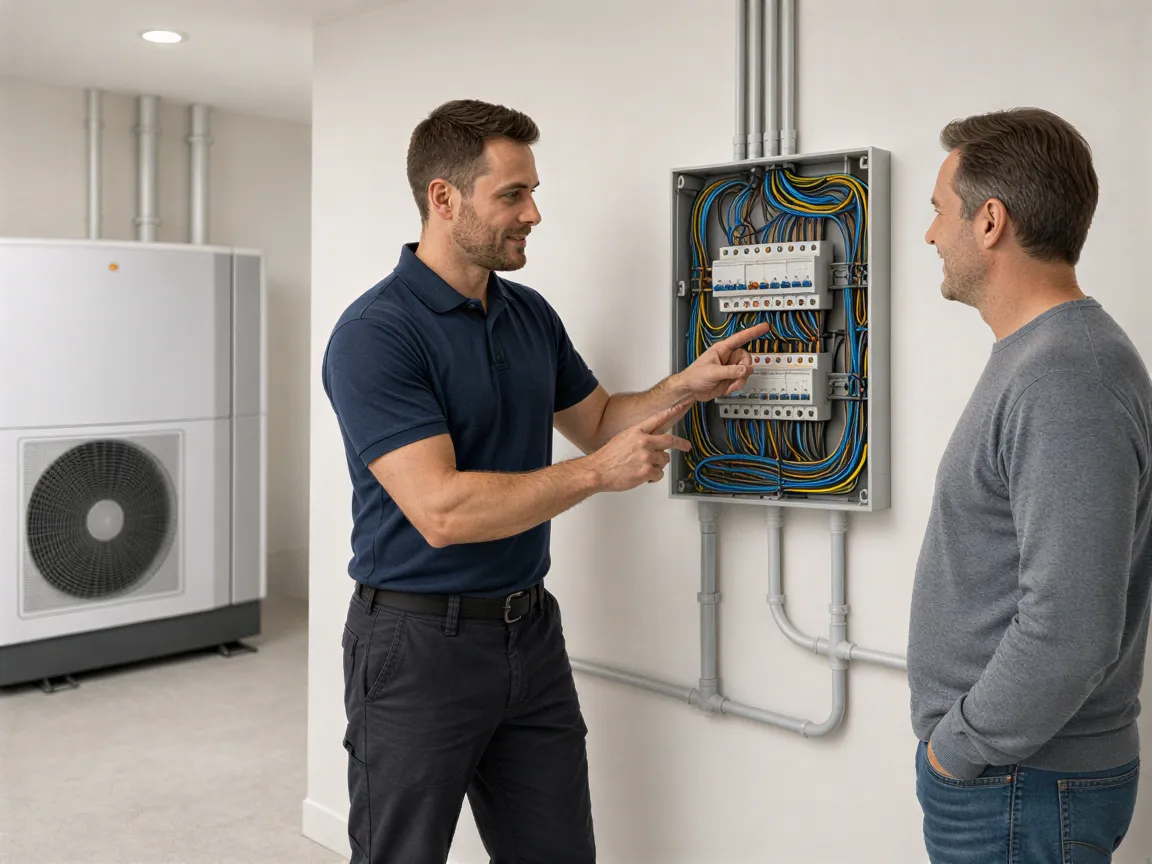 Ein Elektriker zeigt einer Hausbesitzerin die farblich sortierte Verkabelung in einem neuen Sicherungskasten.