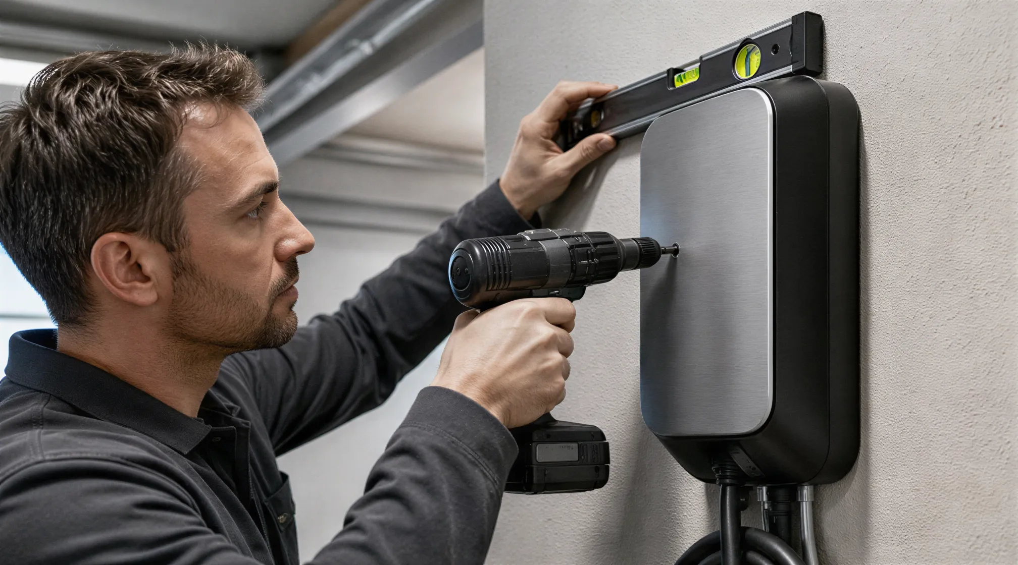 Ein Elektriker installiert eine moderne Wallbox-Ladestation an einer Garagenwand mit präzisen Werkzeugen.