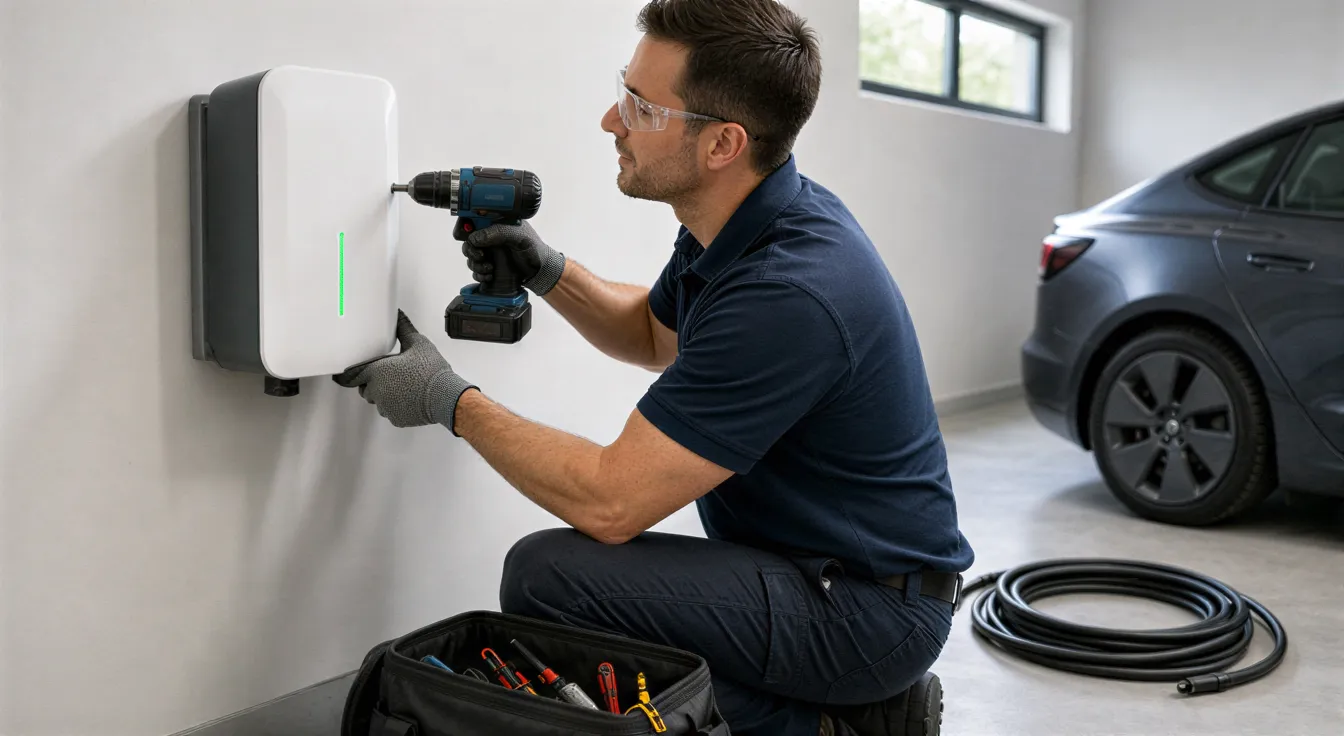 Ein Elektriker installiert eine weiße Wallbox für ein Elektroauto an einer sauberen Garagenwand.