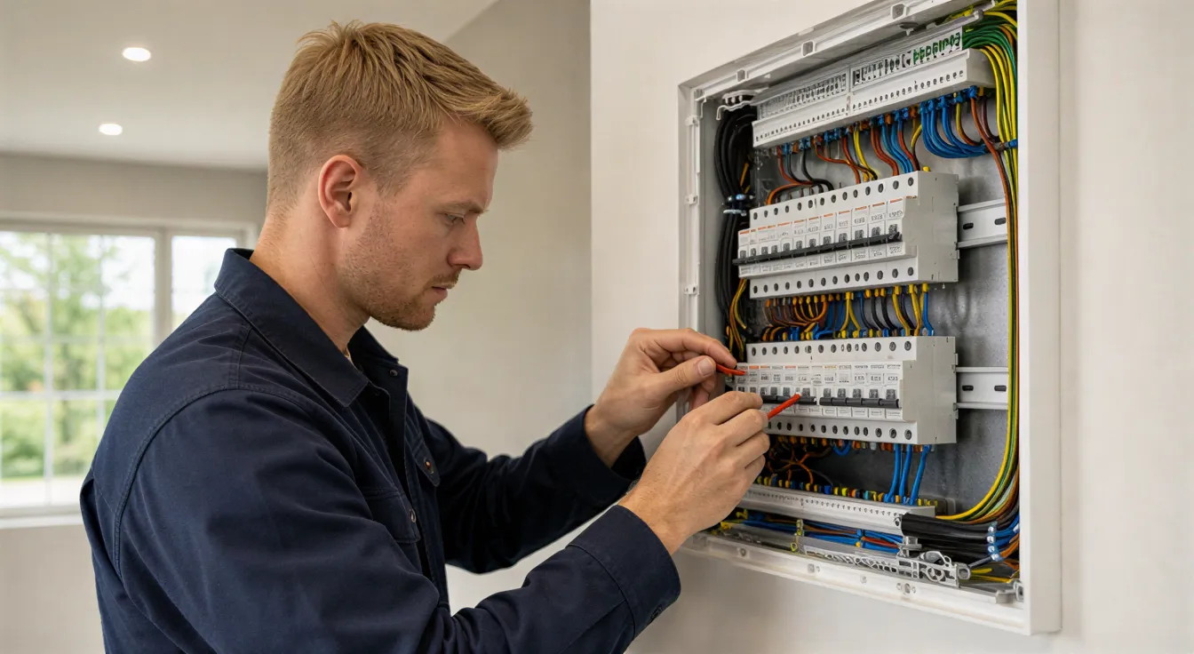 Ein Elektriker führt präzise Verkabelungsarbeiten an einem sauberen, neuen Wandverteiler in einem hellen Wohnraum aus.