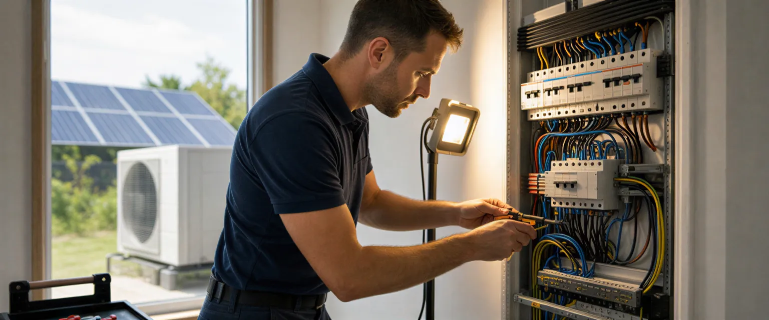 Ein Elektriker in blauer Arbeitskleidung montiert konzentriert einen Schaltschrank mit farbigen Kabeln in einem Neubau.