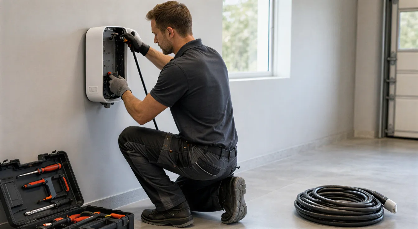 Ein Elektriker installiert eine weiße Wallbox für Elektroautos an einer hellgrauen Garagenwand.