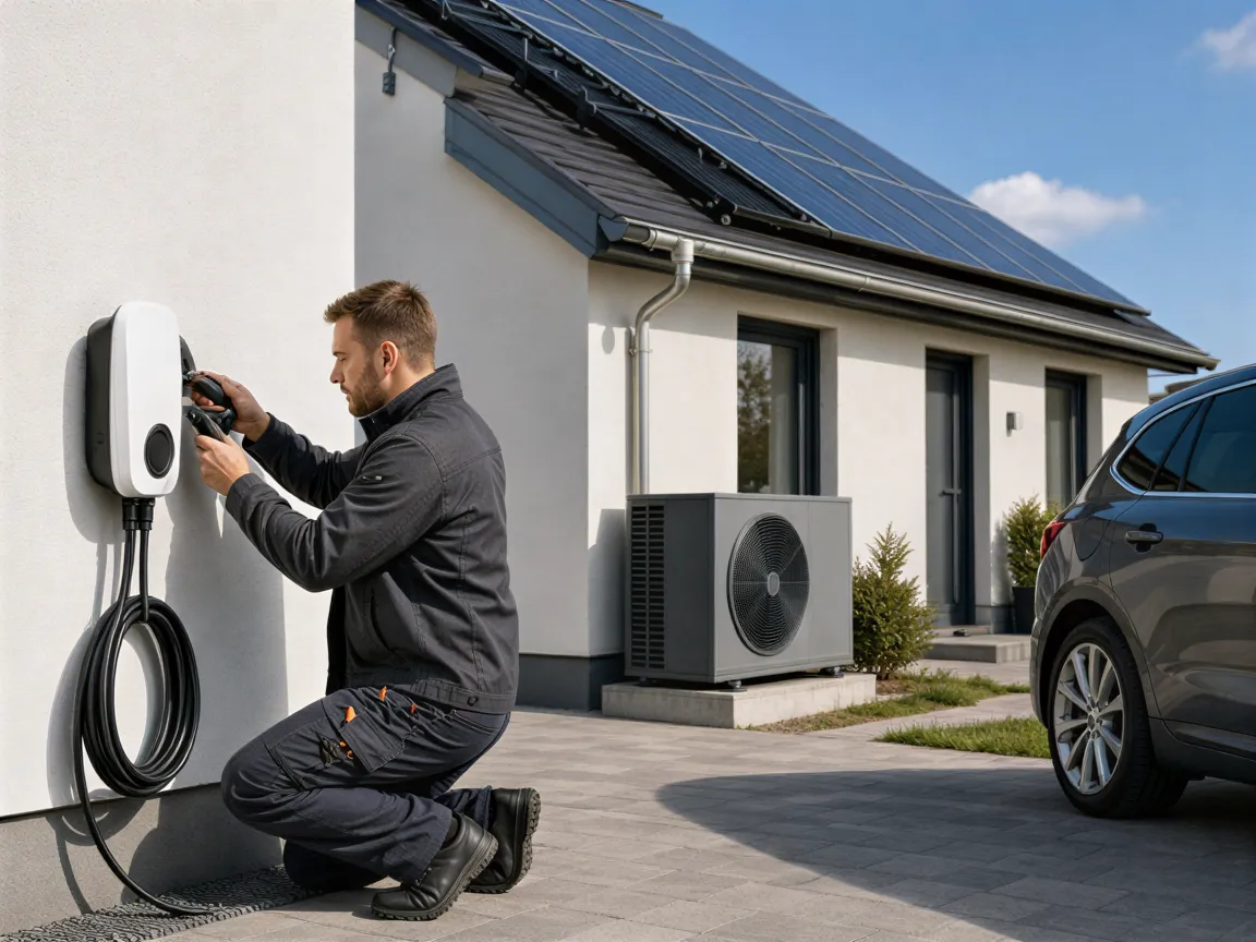 Ein Elektriker installiert eine Wallbox an einem modernen Einfamilienhaus mit Solaranlage und Wärmepumpe.