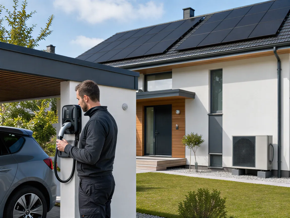 Ein Elektriker prüft eine Wallbox vor einem modernen Einfamilienhaus mit Solaranlage und Wärmepumpe.
