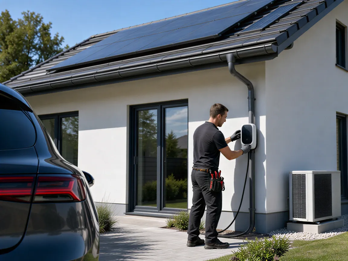 Ein Elektriker installiert eine Wandladestation an einem modernen Haus mit Solarpanelen an einem sonnigen Tag.