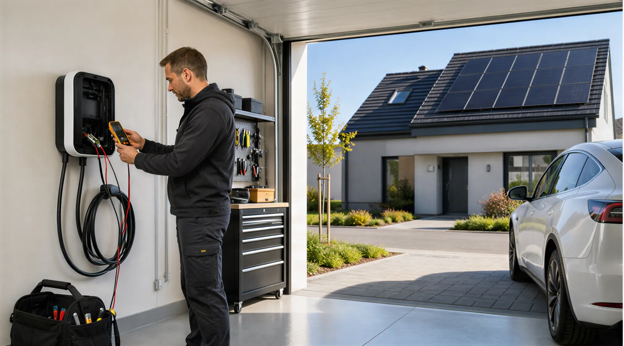 Ein Elektriker prüft eine neu installierte Wandladestation für Elektroautos in einer sauberen, modernen Garage.