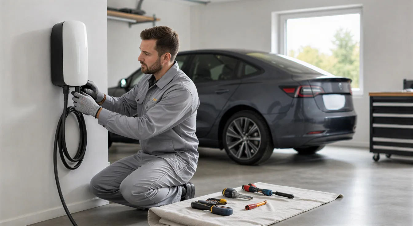 Ein Elektriker installiert eine moderne Wallbox für Elektroautos an einer weißen Garagenwand.