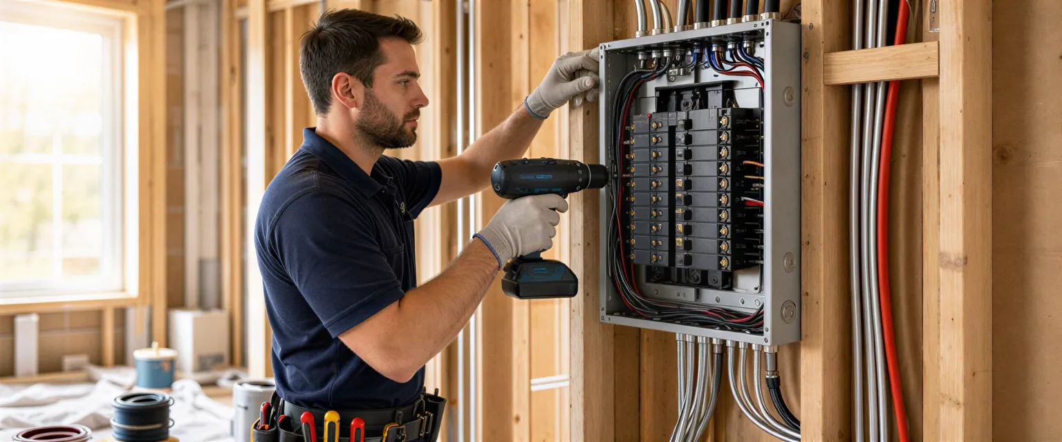 Ein Elektriker installiert fokussiert einen modernen Wandverteiler in einem hellen, unfertigen Technikraum.