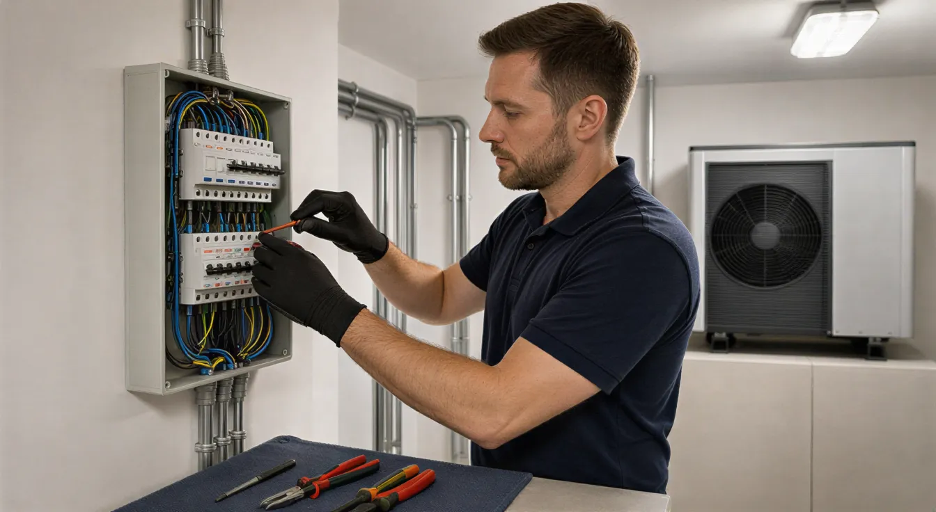 Ein Elektriker verbindet Drähte an einem neuen Sicherungskasten in einem hellen Technikraum.