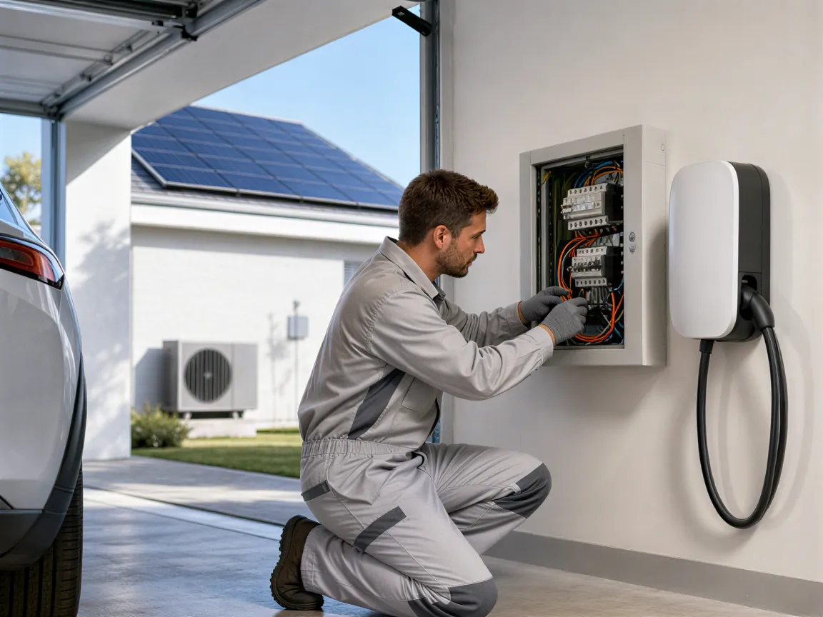 Ein Elektriker installiert eine Wallbox in einer modernen Garageneinfahrt mit Solaranlage und Wärmepumpe im Hintergrund.