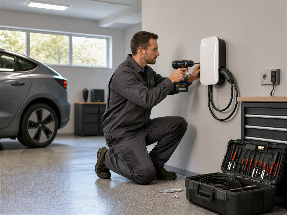 Ein Elektriker installiert eine weiße Wallbox für Elektroautos an einer hellgrauen Garagenwand.