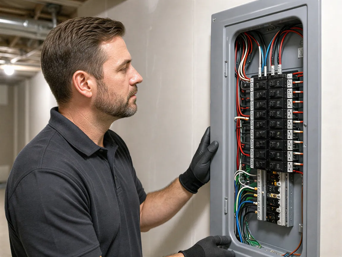 Ein Elektriker führt eine Endkontrolle an einem sauberen, modernen Elektroverteiler in einem hellen Technikraum durch.
