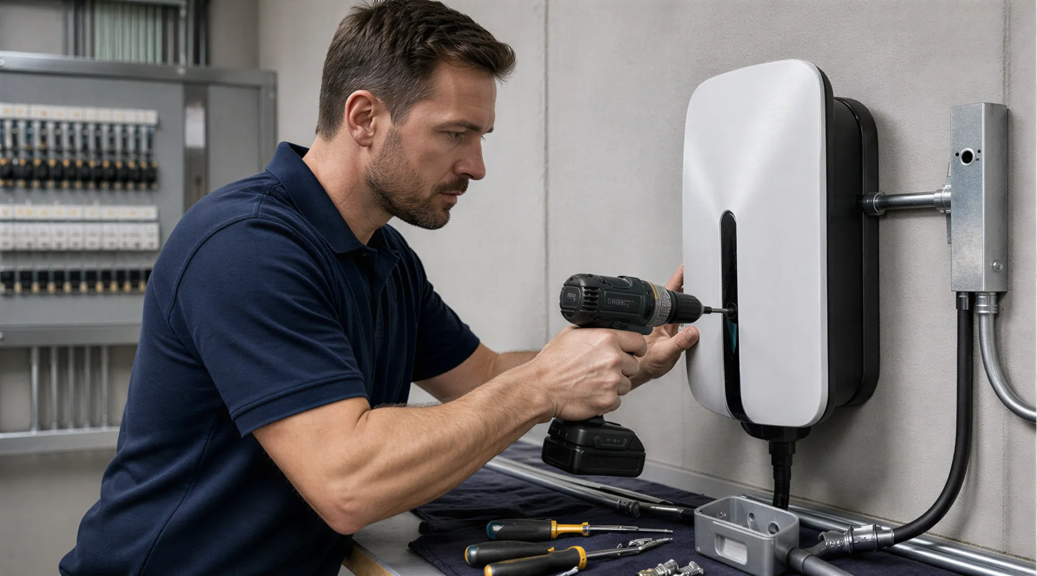 Ein Elektriker installiert eine Wandladestation für Elektroautos in einem modernen Technikraum.