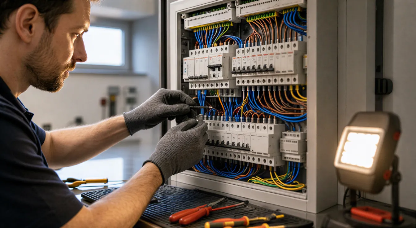Ein Elektriker verbindet farblich kodierte Kabel in einem sauberen Schaltschrank.