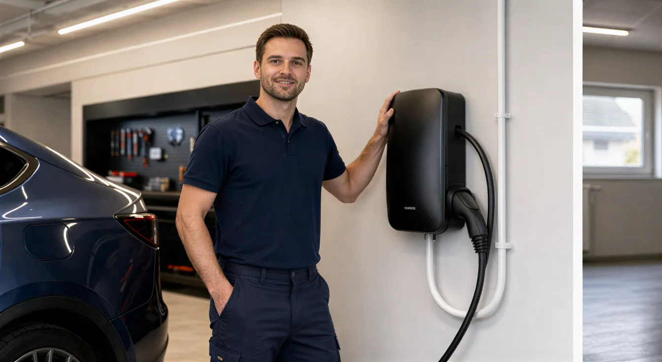 Ein Elektriker steht neben einer neu installierten Wallbox-Ladestation in einer modernen Garage.