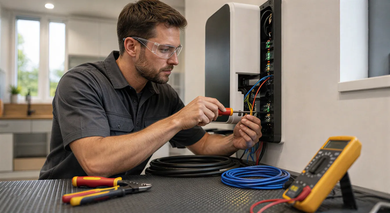 Ein Elektriker verbindet sorgfältig Drähte an einem modernen Wandgerät in einer sauberen Werkstatt.