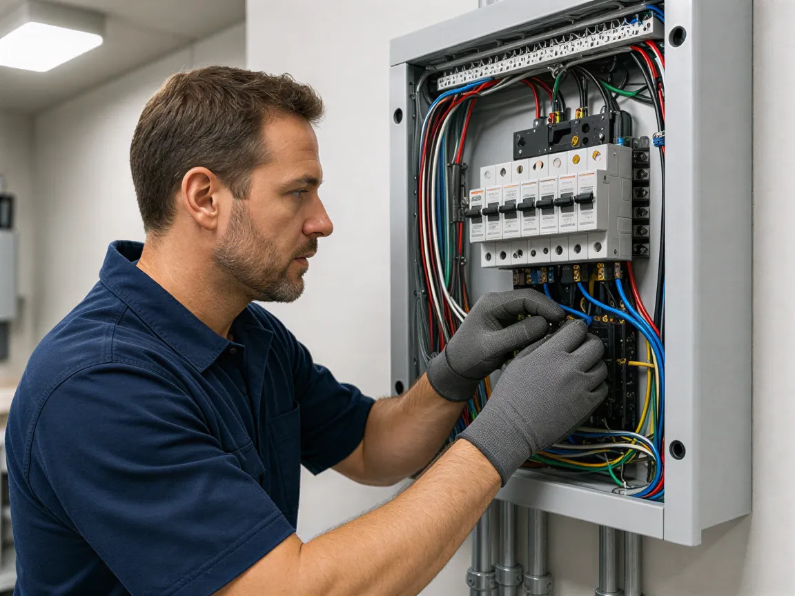 Ein Elektriker verbindet farblich kodierte Drähte in einem sauberen, modernen Verteilerkasten in einem Wohngebäude.