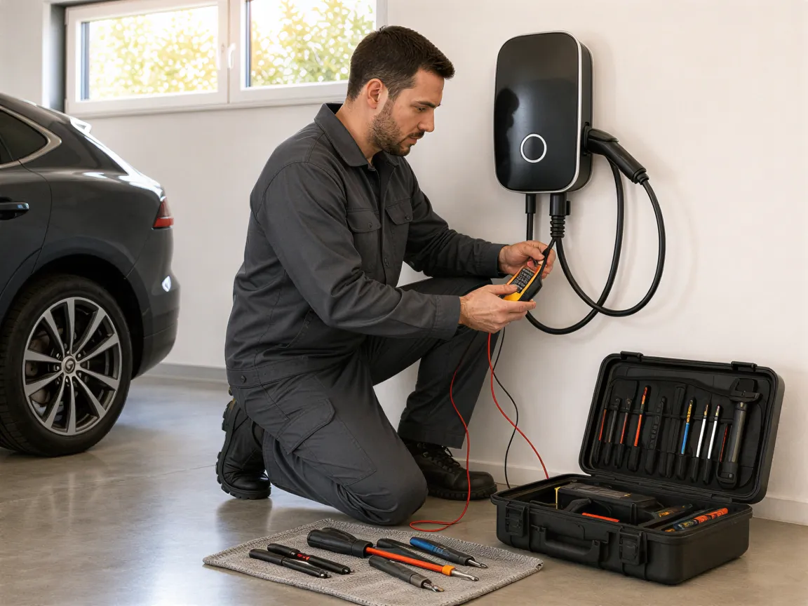 Ein Elektriker in grauer Arbeitskleidung testet eine moderne Ladestation für Elektroautos in einer hellen Garage.