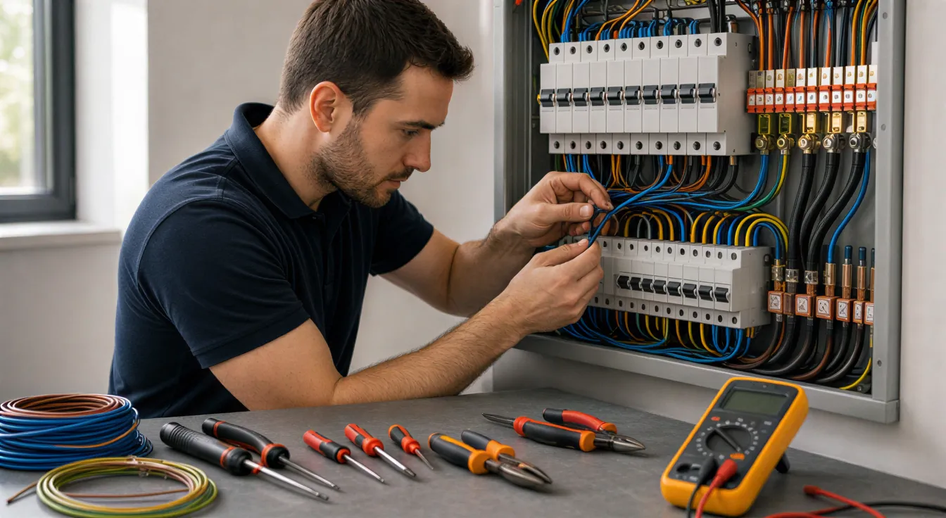 Ein Elektriker montiert sorgfältig farbcodierte Drähte in einer modernen Schalttafel in einer Werkstatt.
