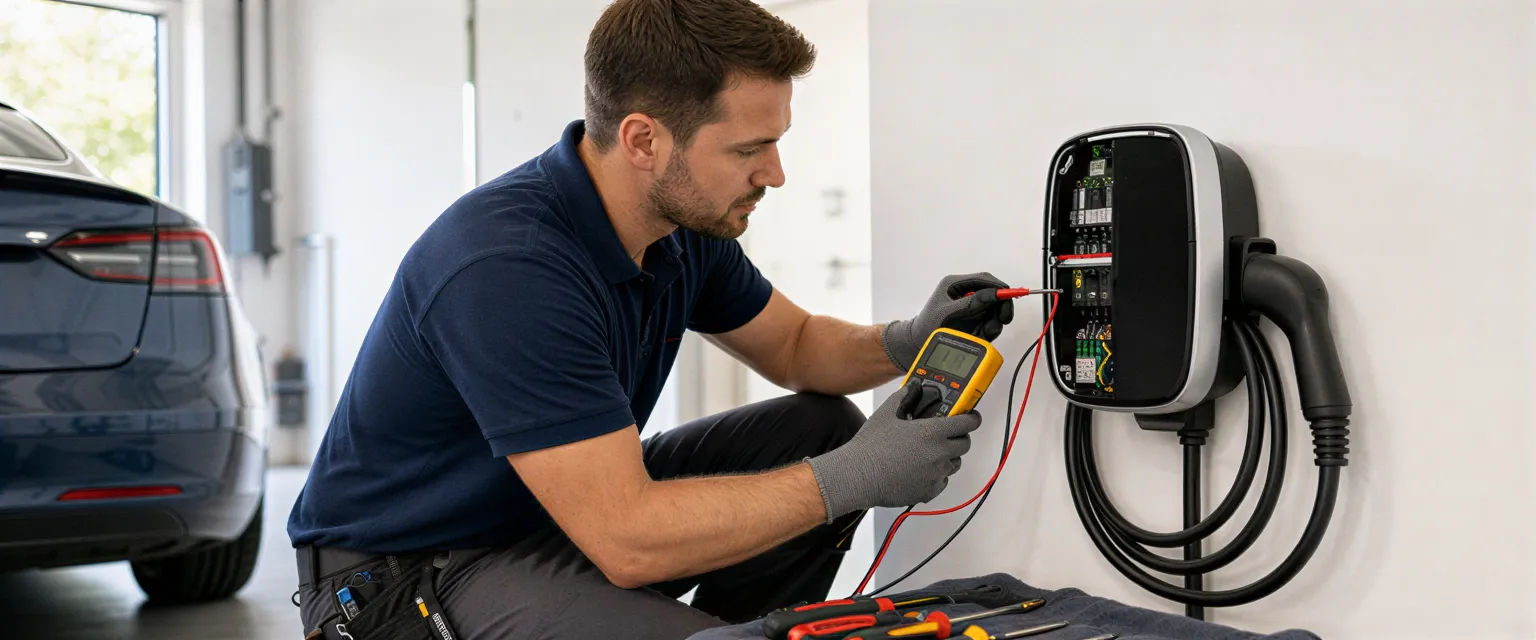 Ein Elektriker installiert eine Wallbox-Ladestation in einer modernen Garagenwand und prüft die Anschlüsse.