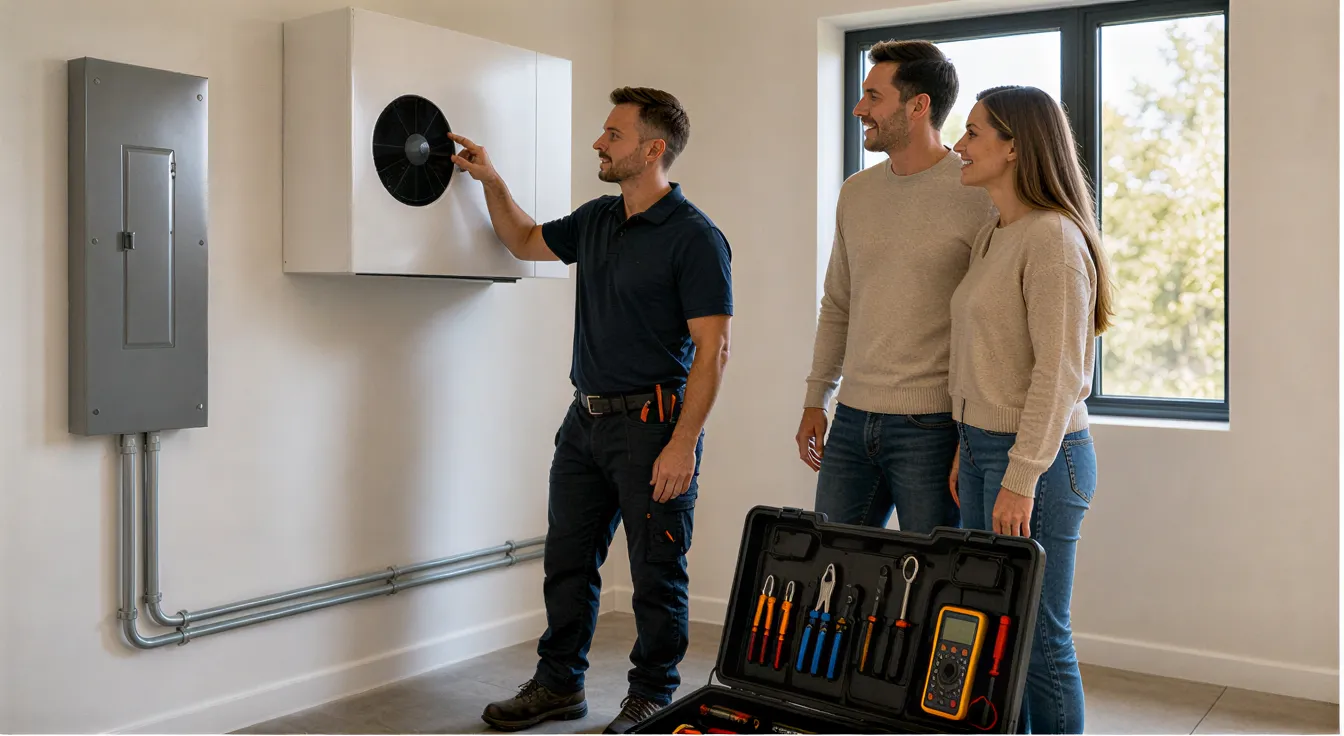 Ein Elektriker zeigt einem zufriedenen Hausbesitzerpaar die neu installierte Wärmepumpe in einem sauberen Technikraum.