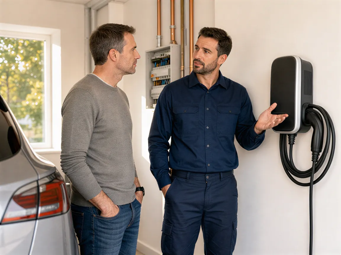 Ein Elektriker erklärt einem Hausbesitzer die Funktionen einer neu installierten Wallbox in einem modernen Technikraum.