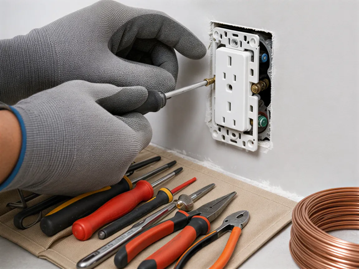 Ein Elektriker installiert mit einem Schraubenzieher eine Steckdose in einer grauen Trockenbauwand.