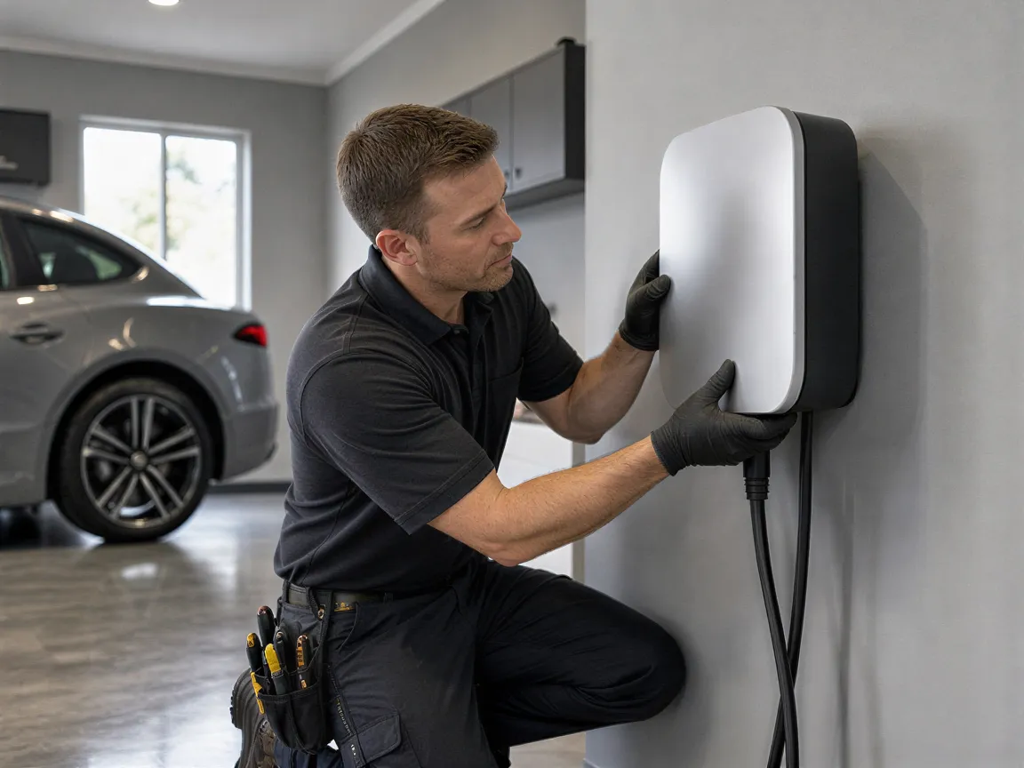 Ein Elektriker installiert eine moderne Wallbox-Ladestation in einer sauberen Garage mit Elektroauto im Hintergrund.