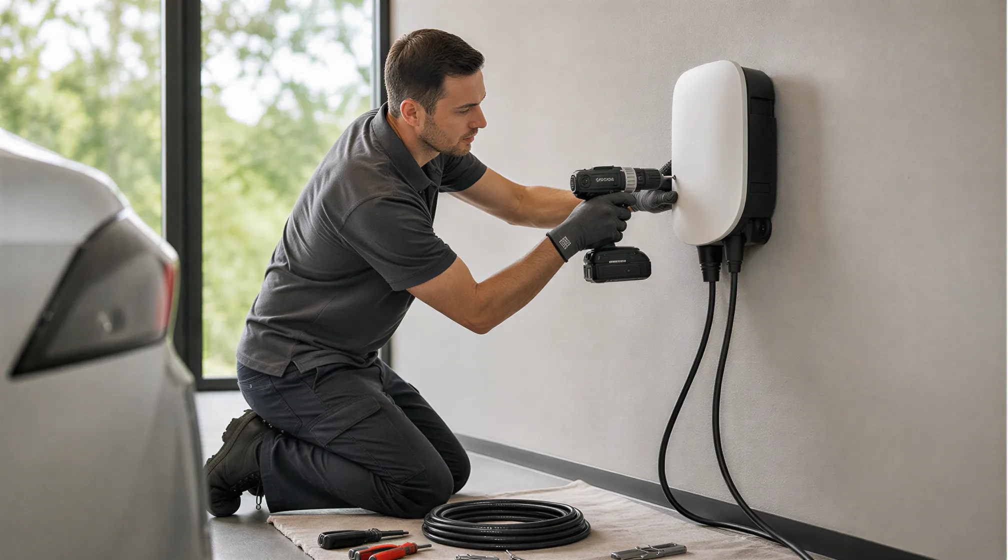 Ein Elektriker installiert eine weiße Wallbox an einer hellgrauen Wand in einem modernen Wohnraum.