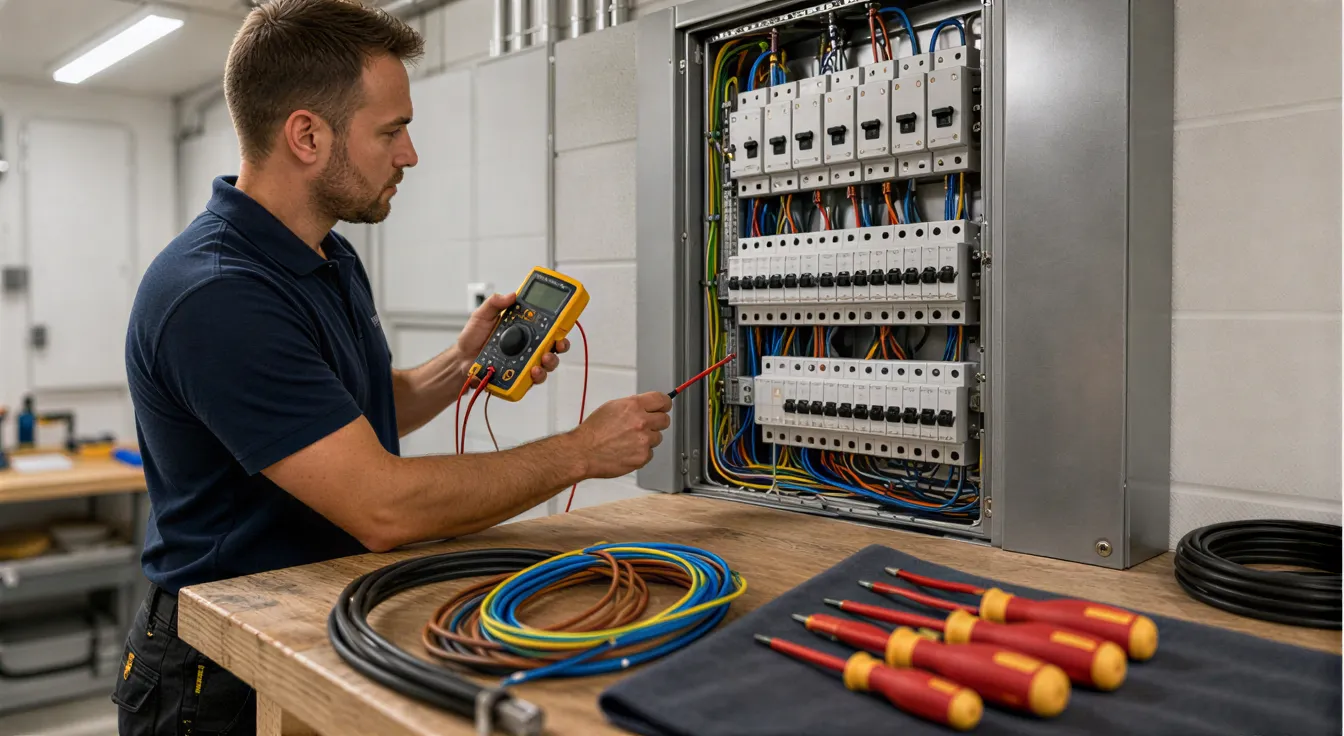 Ein Elektriker prüft mit einem digitalen Multimeter einen neuen Sicherungskasten in einem sauberen Technikraum.
