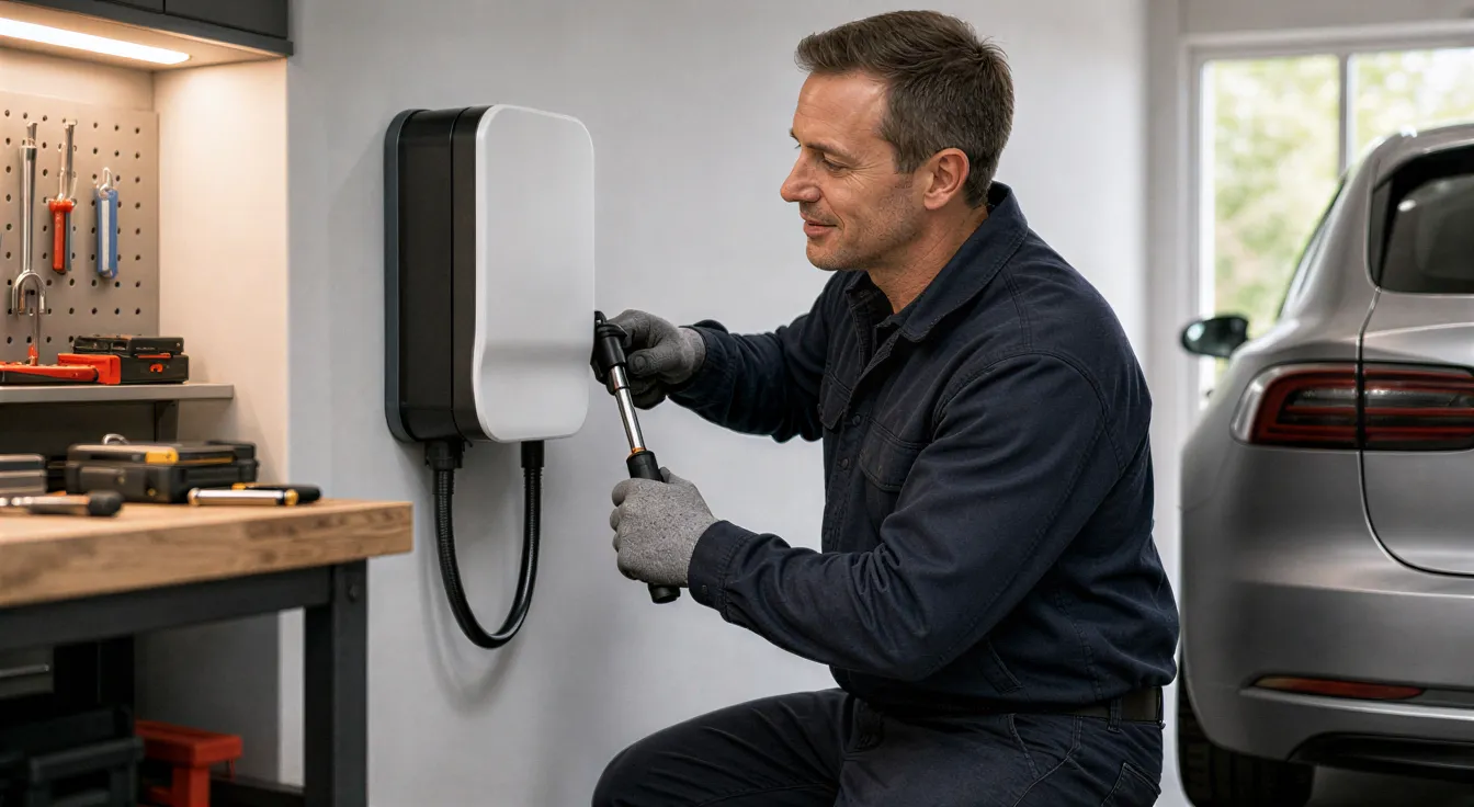 Ein Elektriker montiert eine moderne Wallbox für Elektroautos an einer weißen Garagenwand.