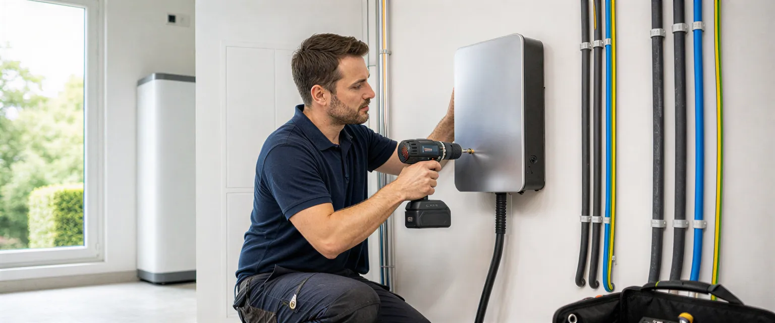 Ein Elektriker installiert eine silberne Wallbox für Elektroautos an einer weißen Wand in einem modernen Haus.